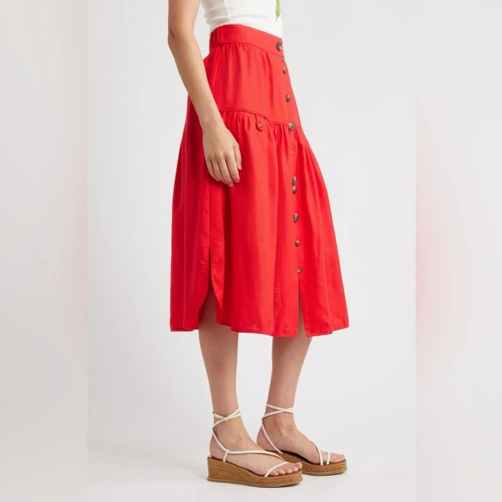 FARM Rio Mixed Buttons Linen Midi Skirt Red